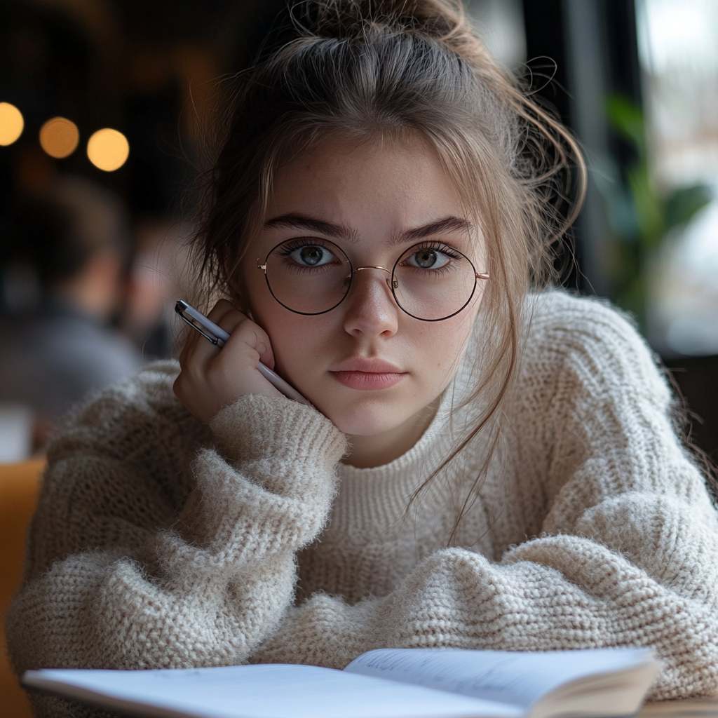 Frustrated girl taking notes