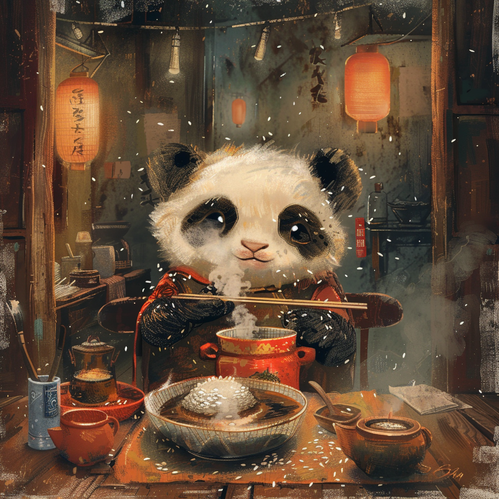 Fu Bao enjoying rice soup