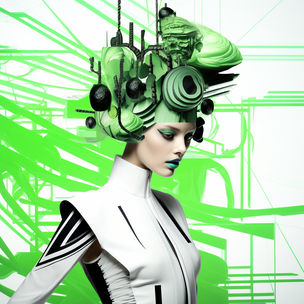 Supermodel with Abstract Green Fruit Headpiece