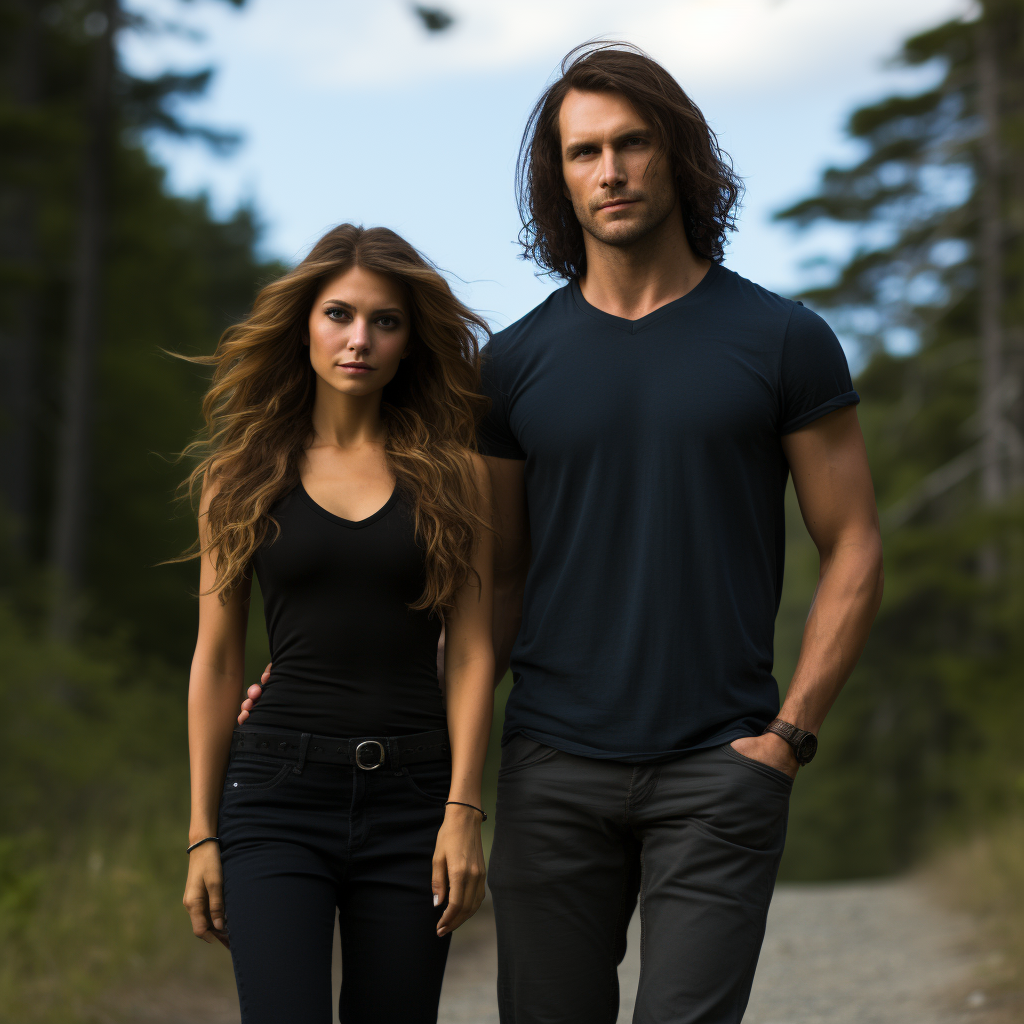 Couple in woods with silky hair