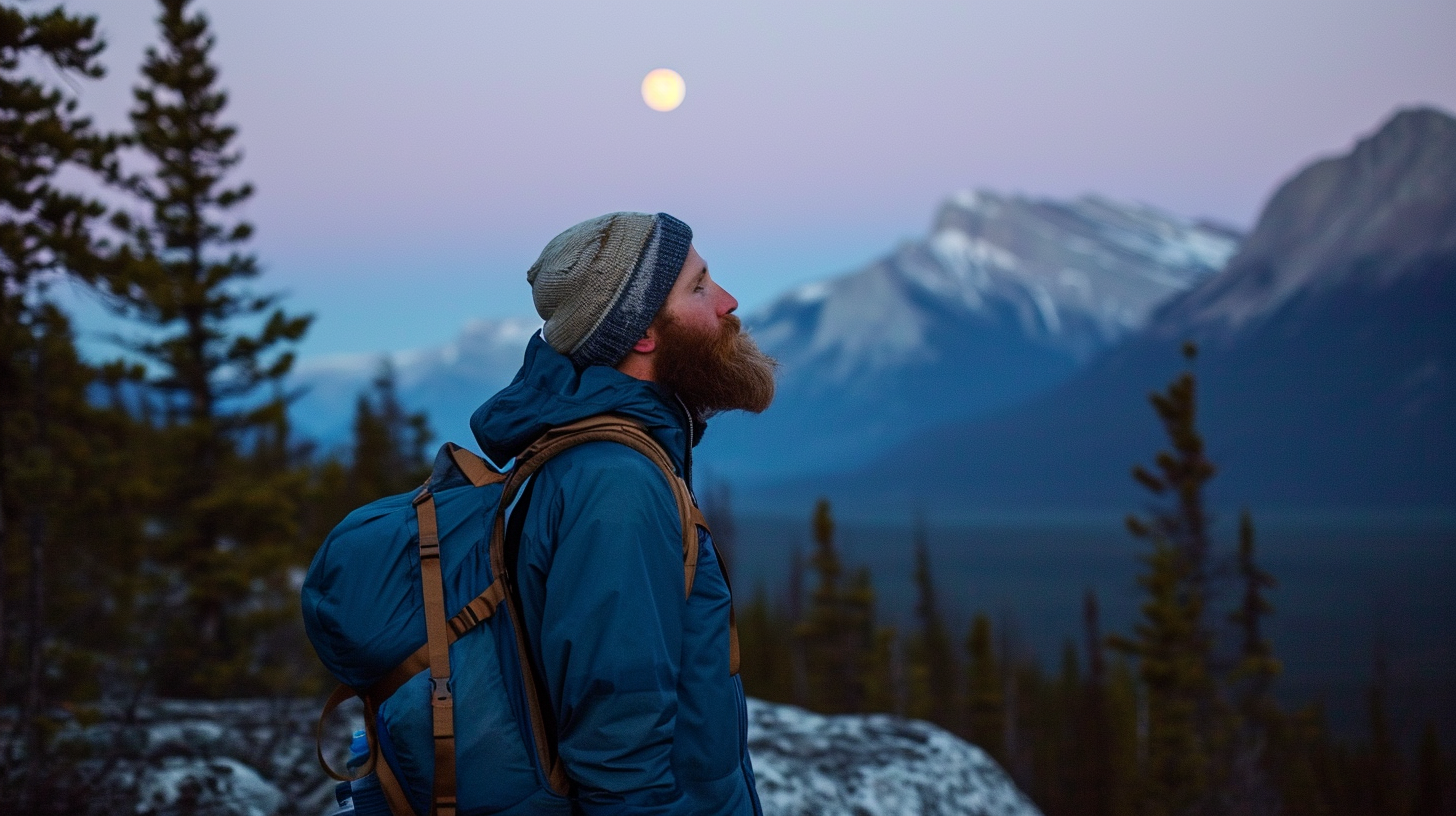 Bearded man watching full moon rise