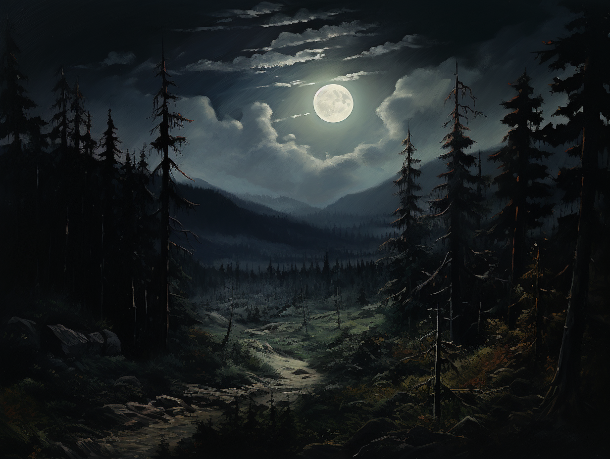 Full moon night in forest landscape