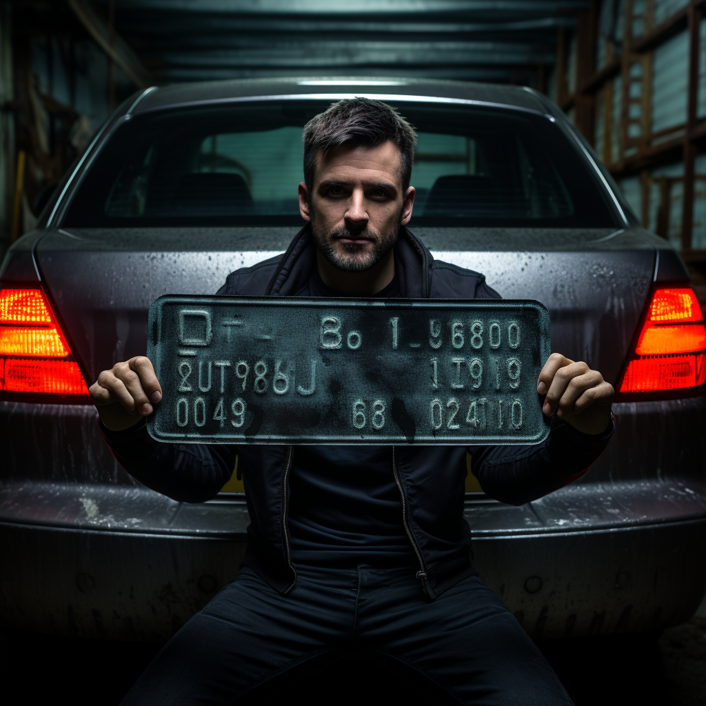 Man's hand showing license plate