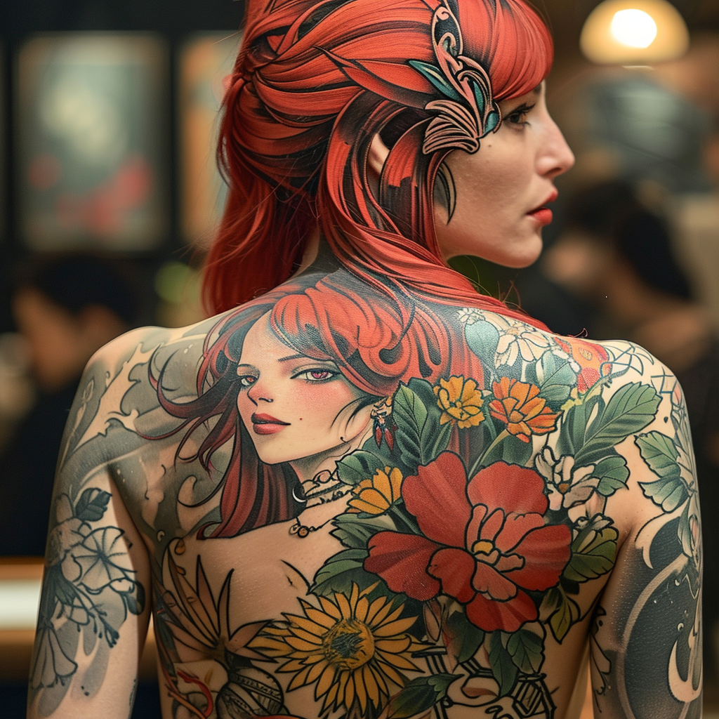 Red haired woman with full body tattoos from behind