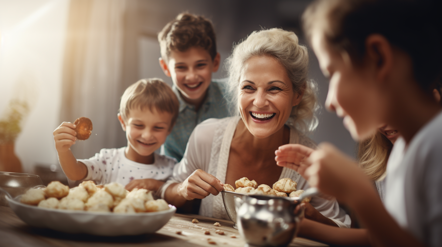 Middle-aged woman cooking happily with her grandchildren