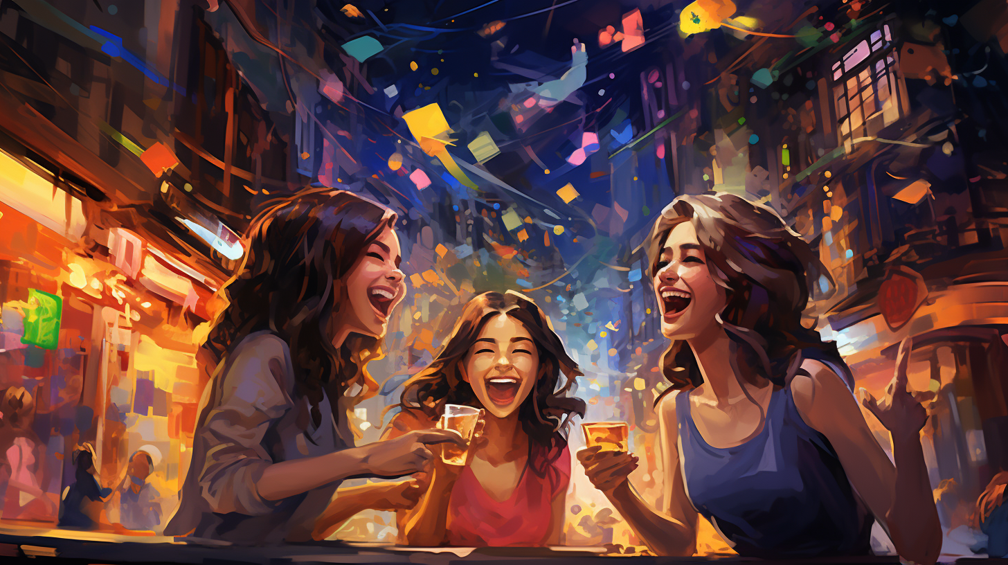 Group of cheerful women enjoying city nightlife