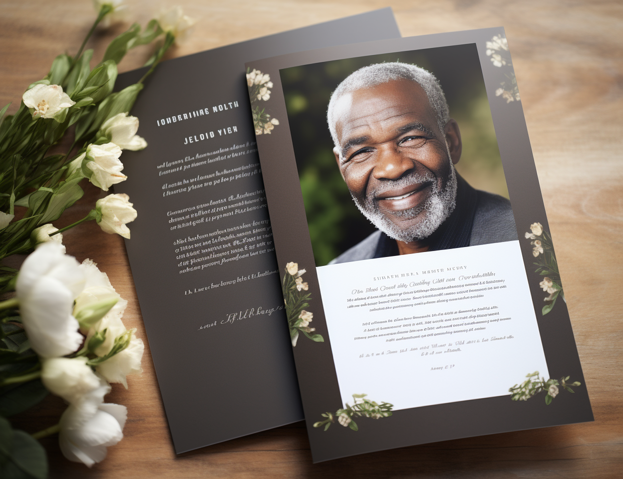 Cinematic lighting photo of an elder Black man on funeral program