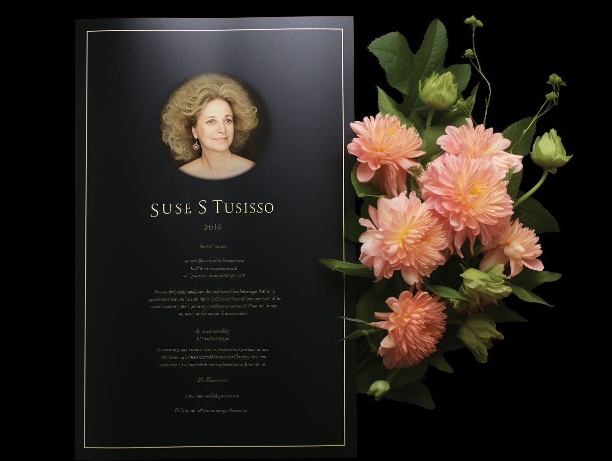 Formal funeral program with dark background and pink Mimosa Pudica flowers