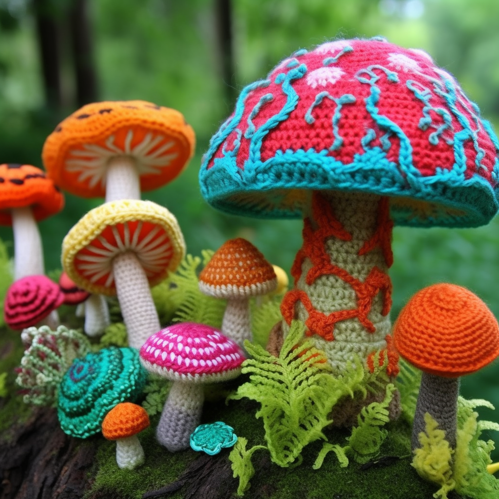 Colorful crochet fungi toy with fancy details