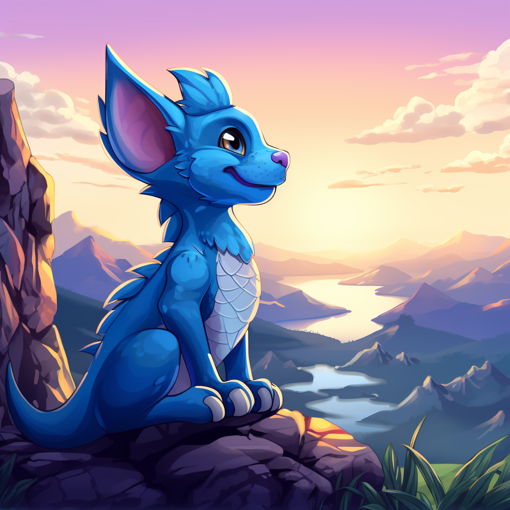 Funky blue dragon watching sunrise on mountain