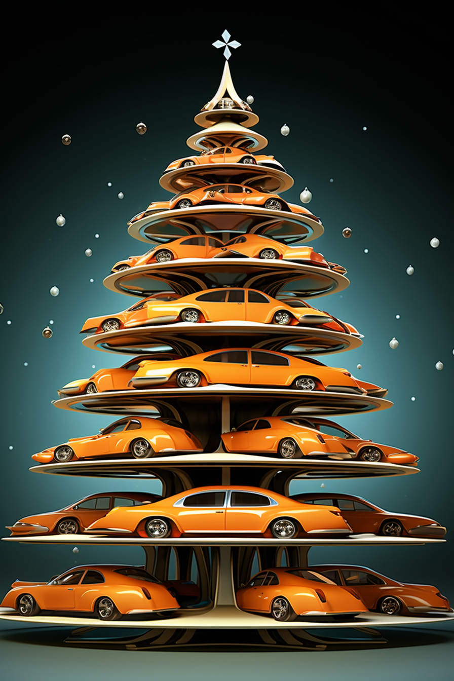 Futuristic cars around funky Christmas tree