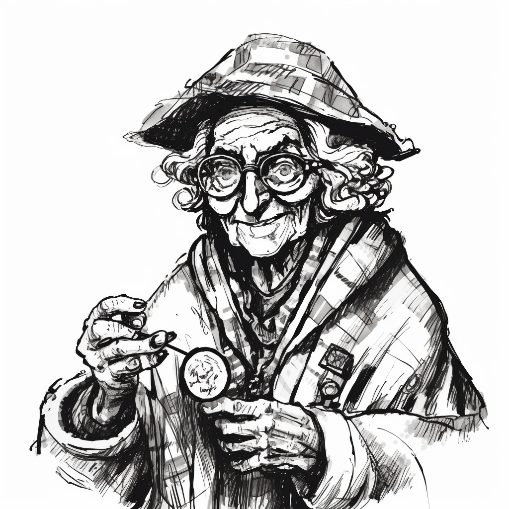 Cartoon drawing of funky old woman with bingo marker