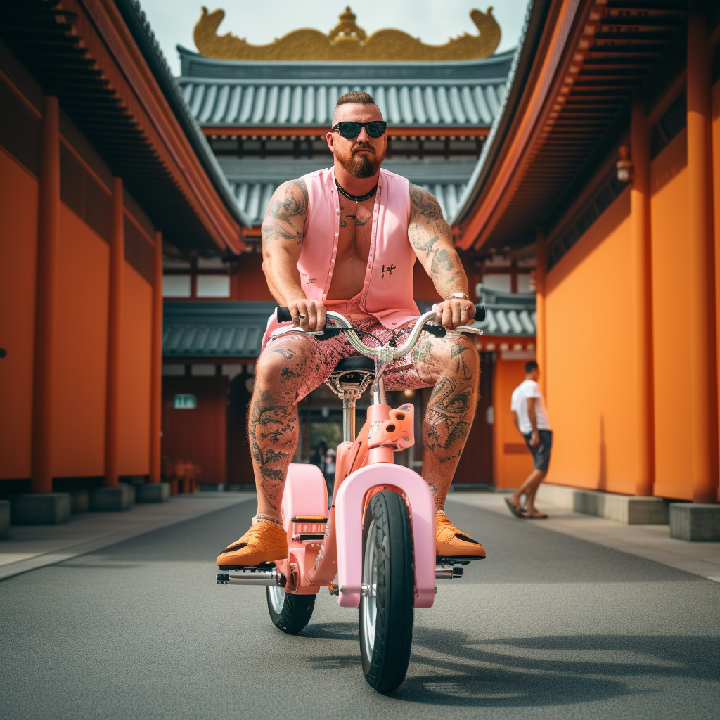 Funny bodybuilder on electric bicycle near Japanese temple