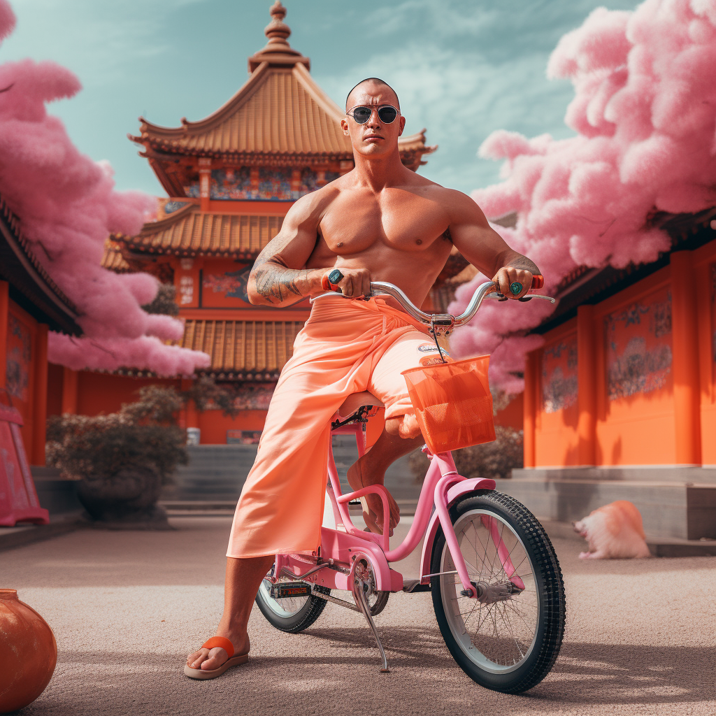 Funny bodybuilder on electric bicycle at Japanese temple