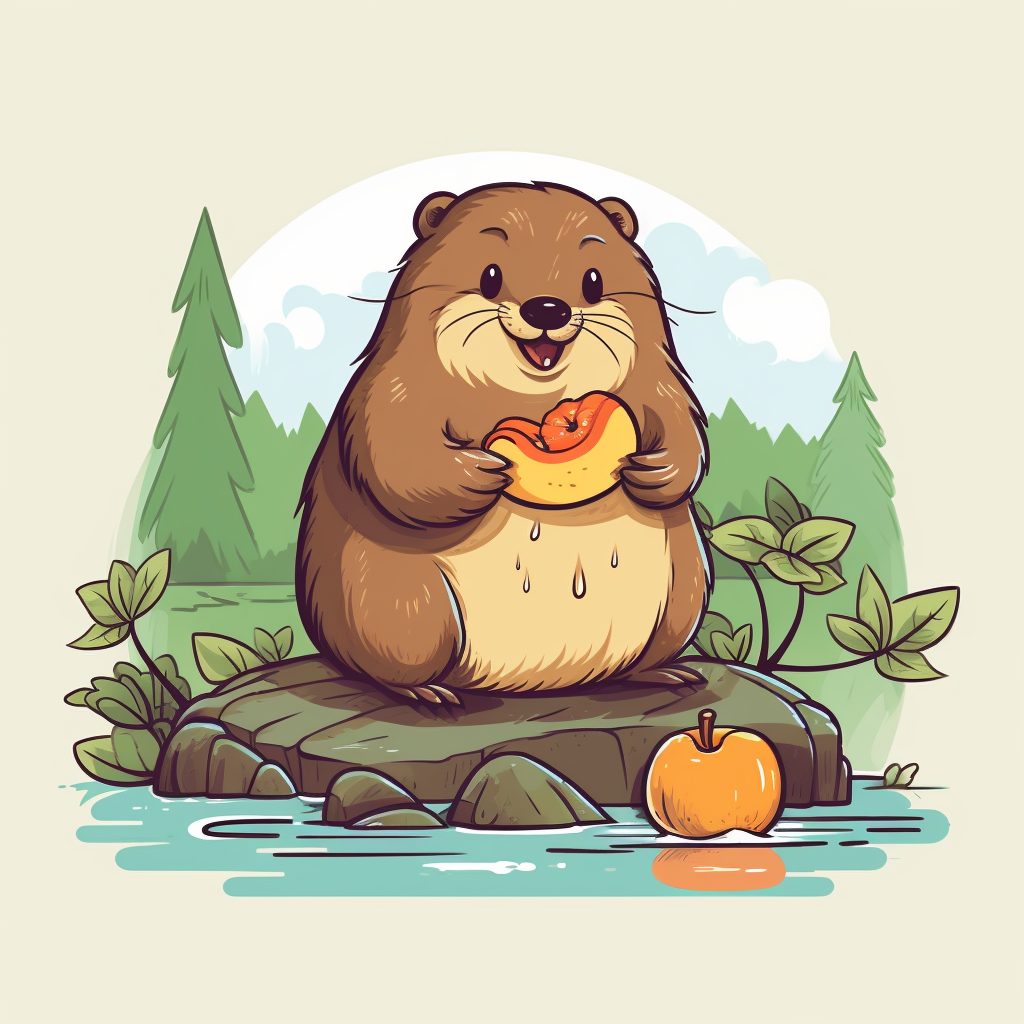 Funny cartoon beaver eating fruit