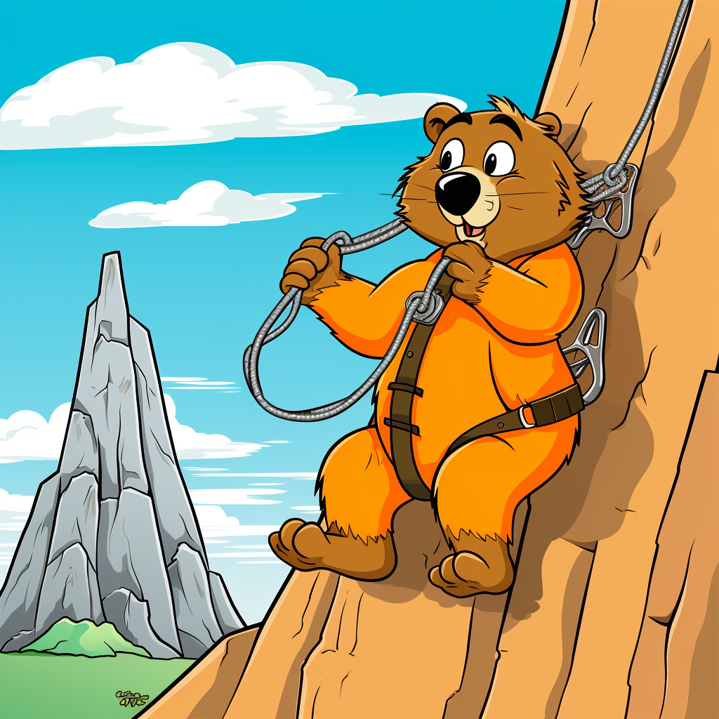 Funny cartoon marmot rock climbing in 70s style