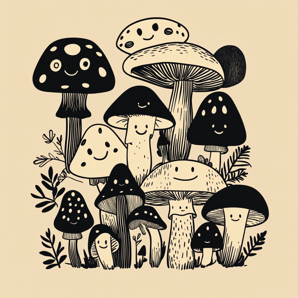 Happy cartoon mushrooms in variety