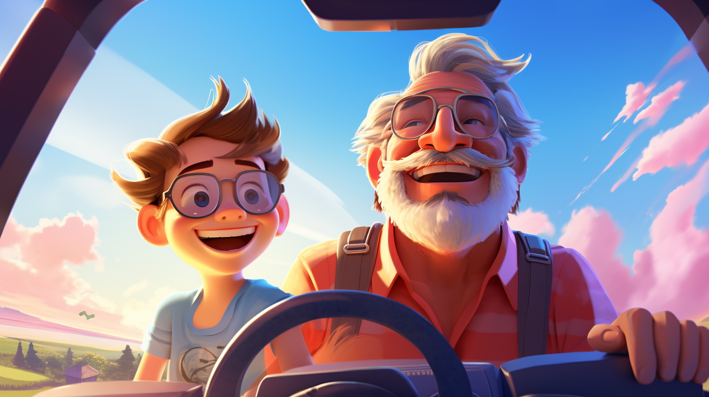 Funny cartoon of an old man driving with kid