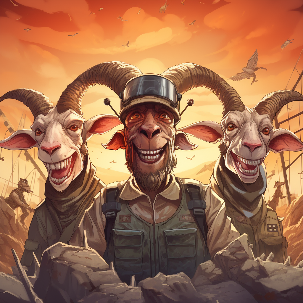 Four Tough Men with Goat Faces in Apocalyptic Background