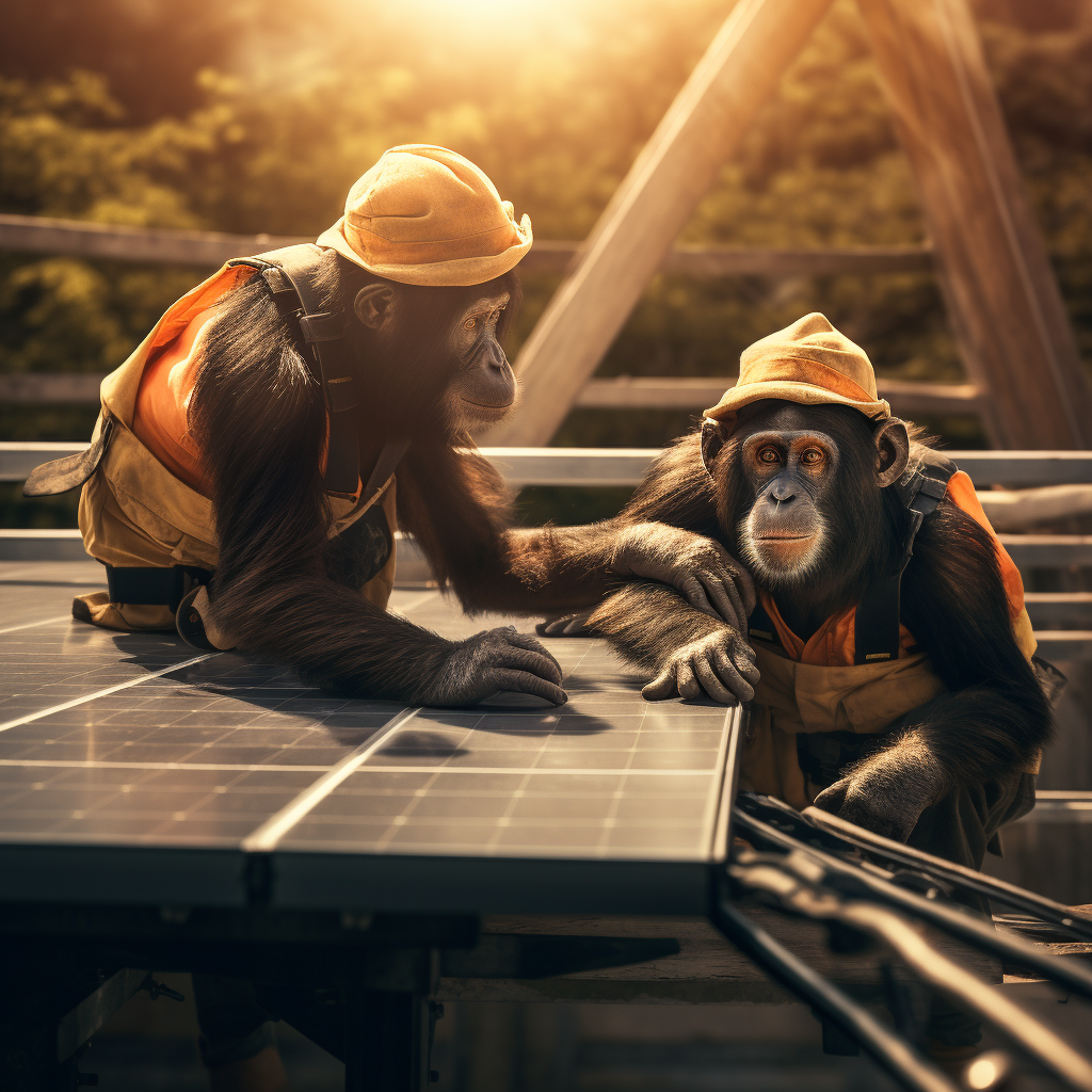 Chimpanzee construction crew installing solar panels