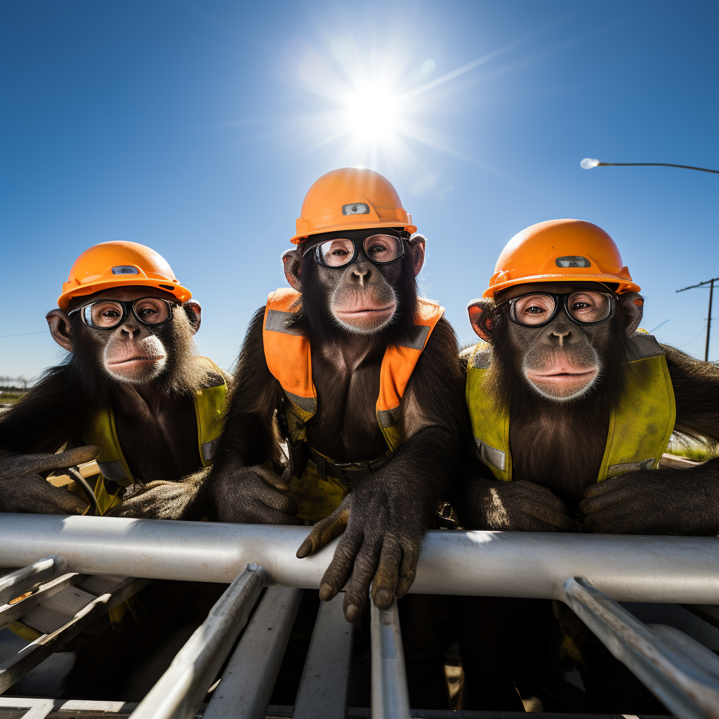 Funny chimpanzees wearing construction hats and vests