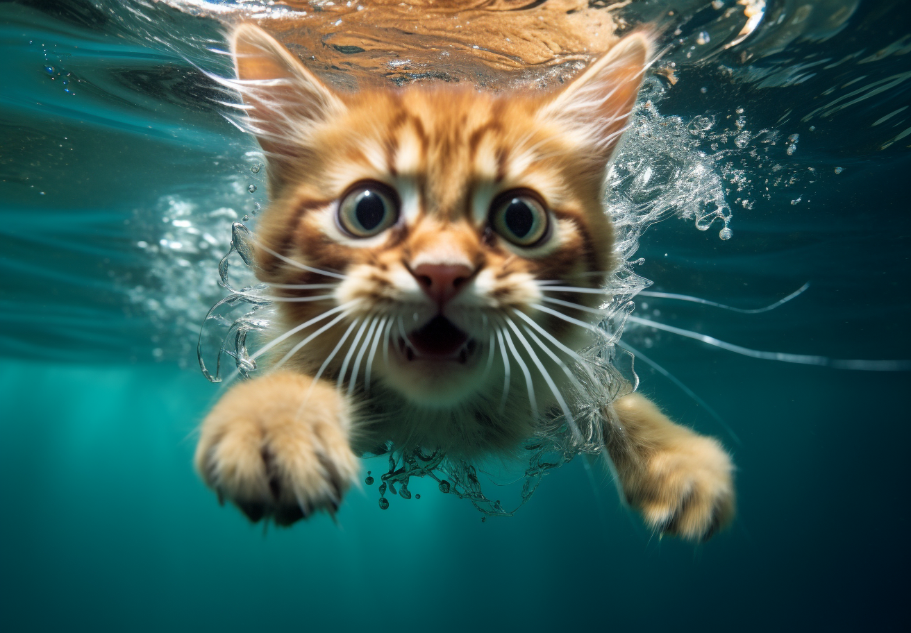 Funny cute cat lost underwater