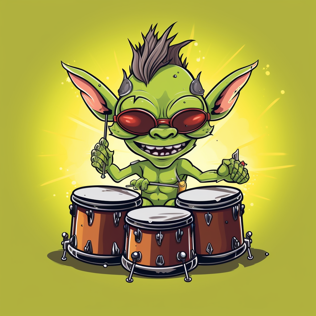 Playful goblin drummer with chibi D&D style