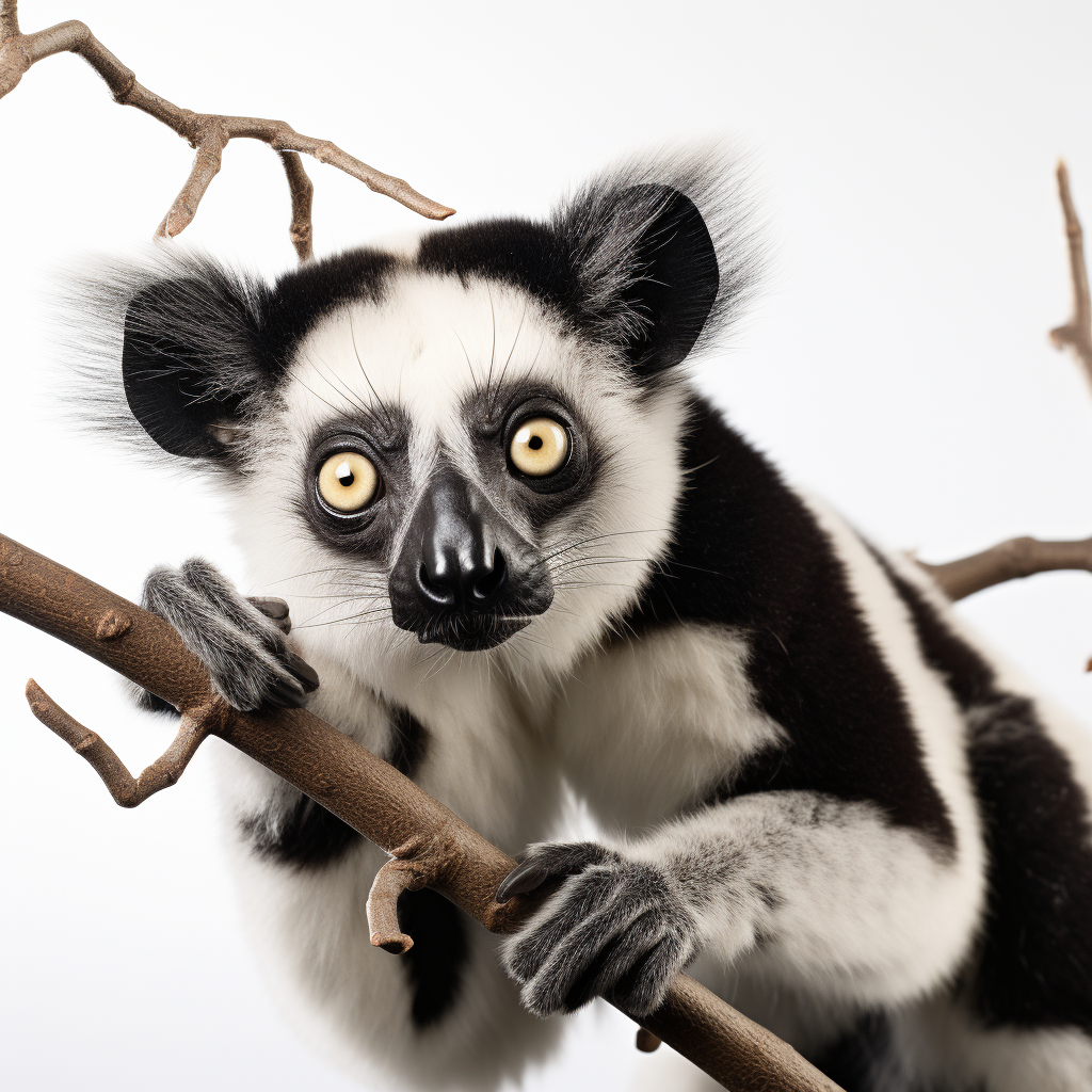 Funny Indri Lemur Eating Leaf on Branch