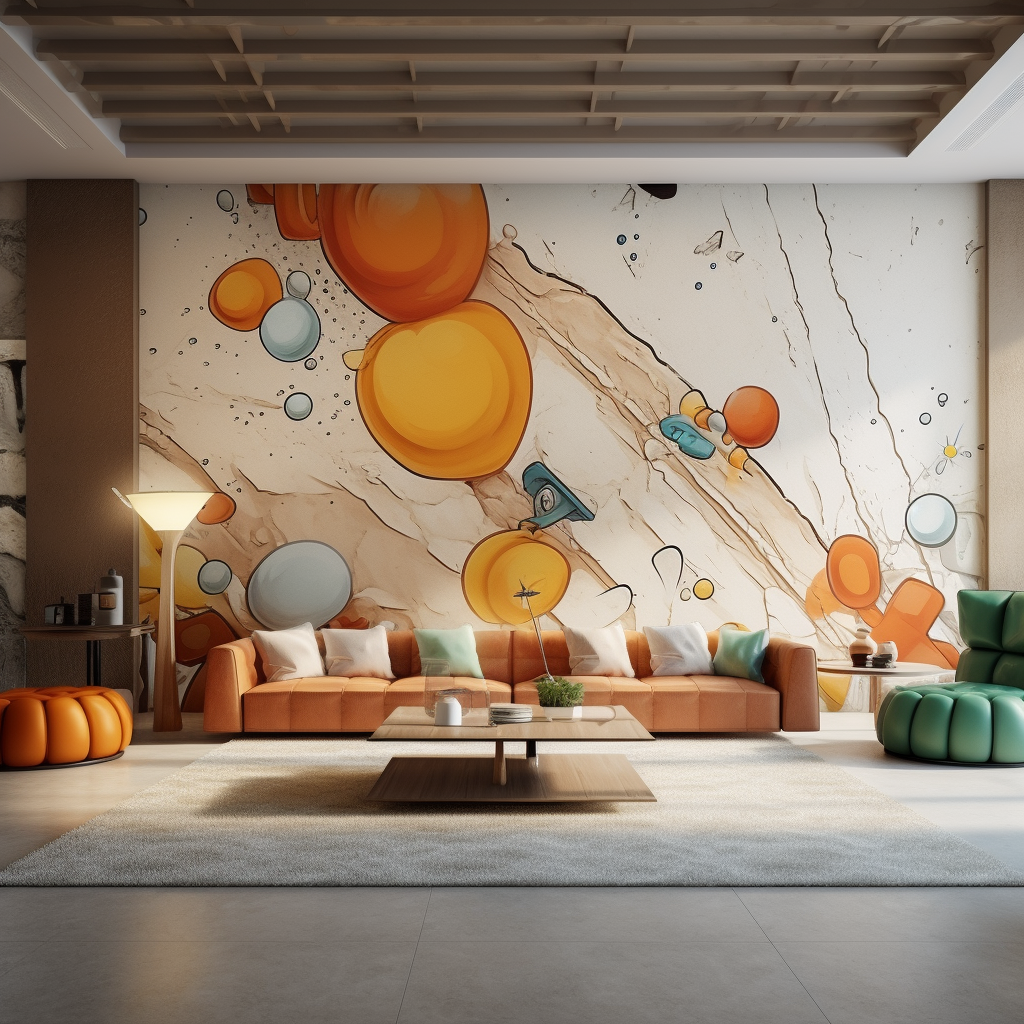 Cartoon living room renovation with marble texture wall