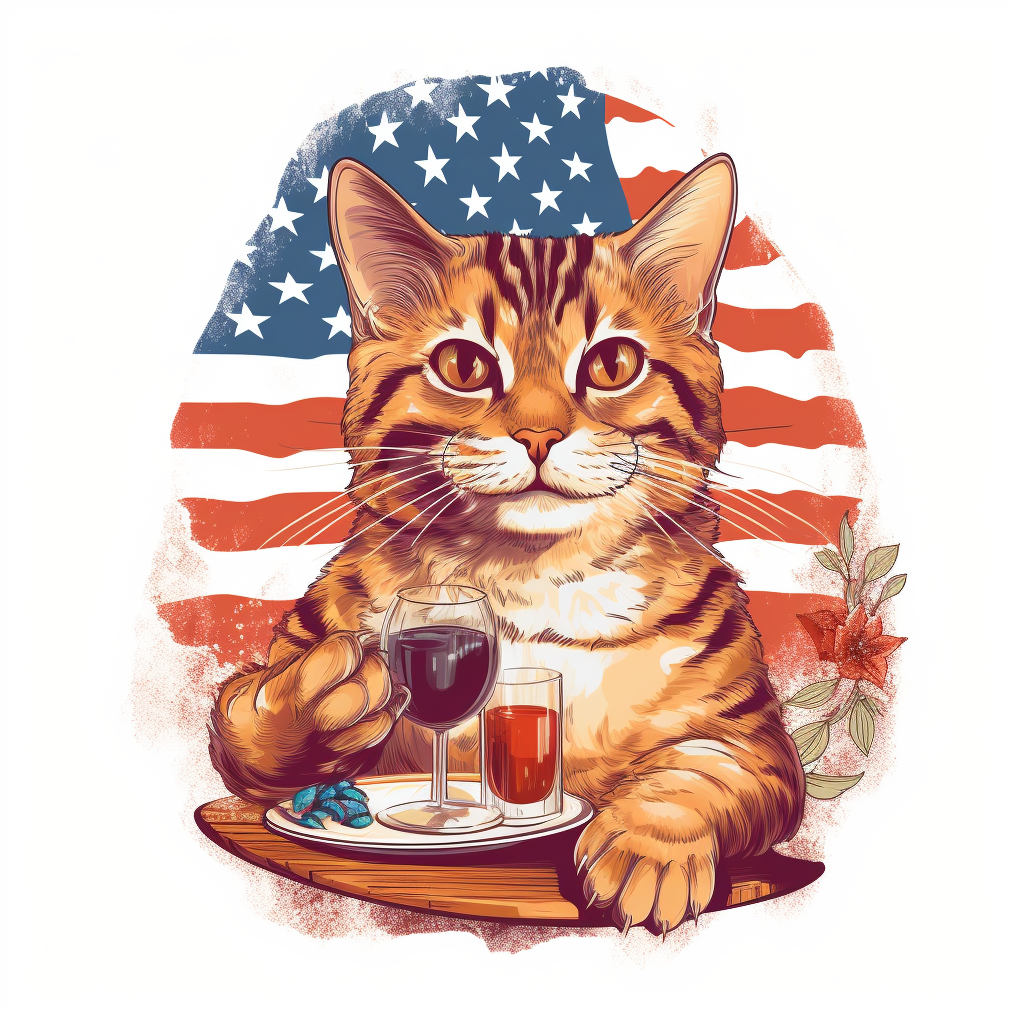 Funny patriotic cat celebrating Thanksgiving with American flag