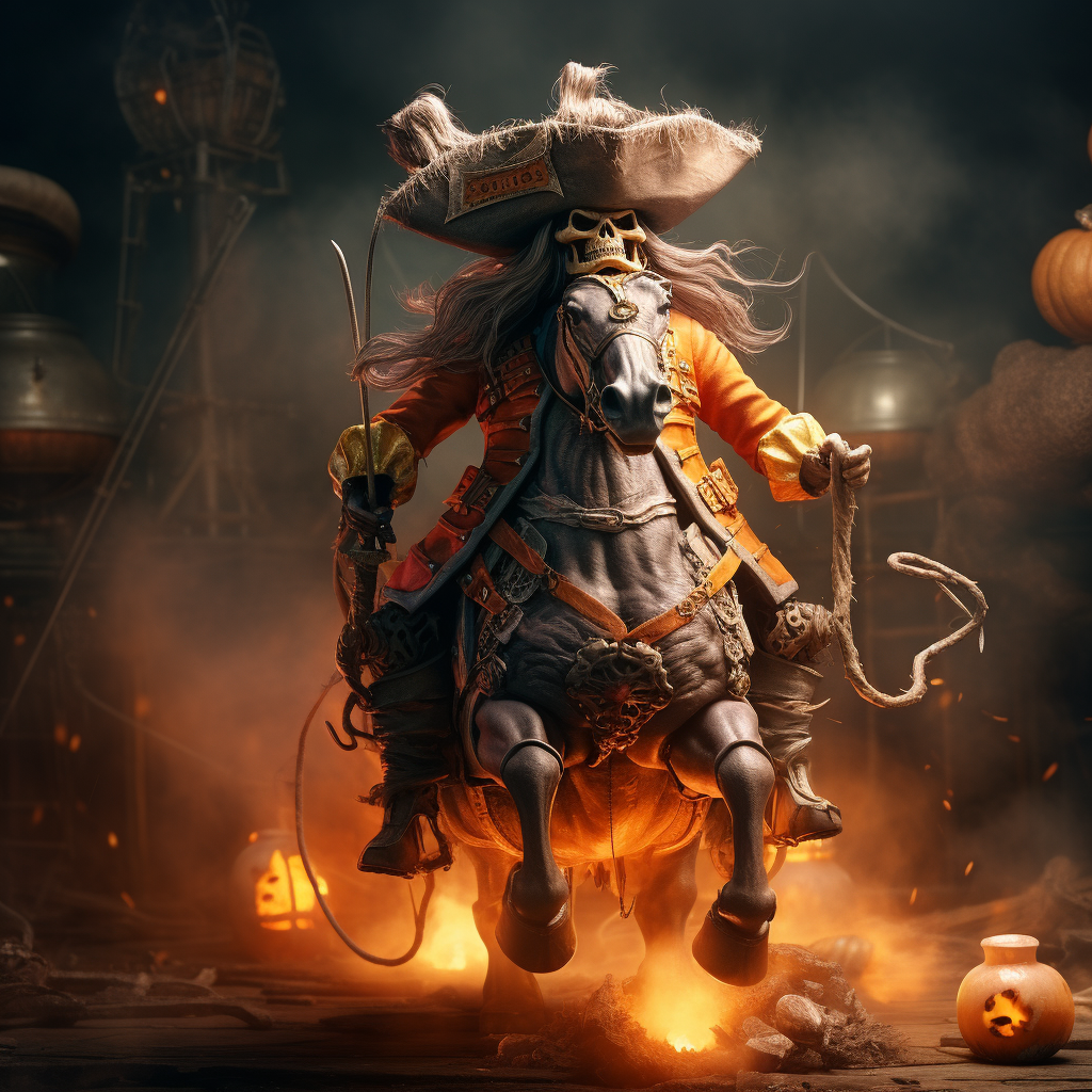 Funny pirate wearing pumpkin helmet and smoke