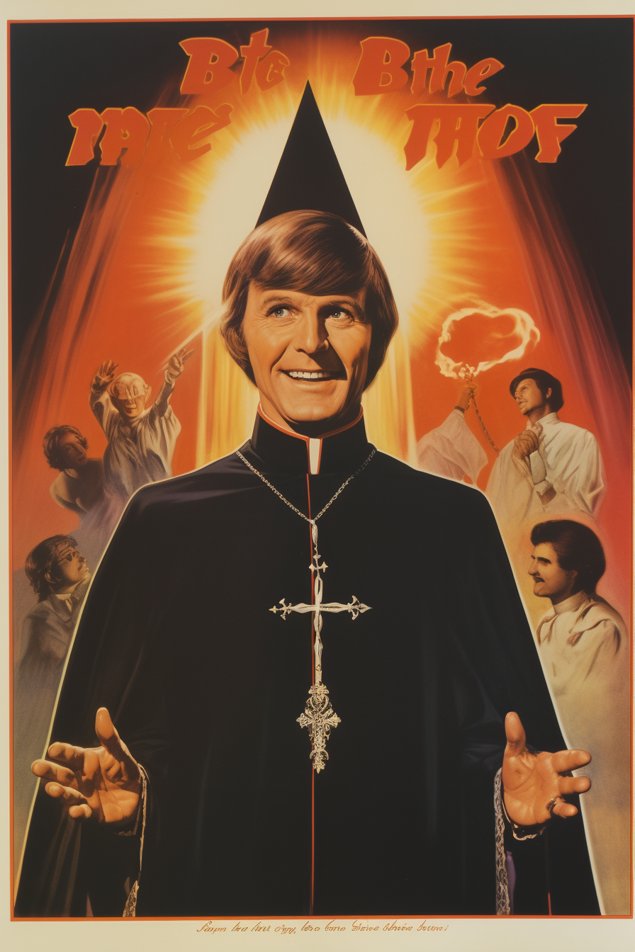 Funny priest in 1970s movie poster