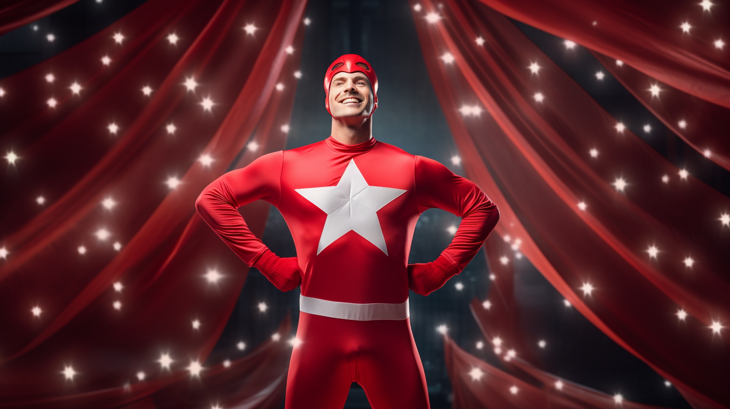 Funny super hero in red and white costume