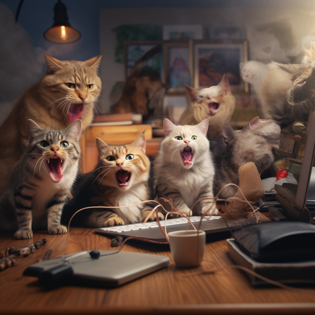 Angry cats in virtual video conference