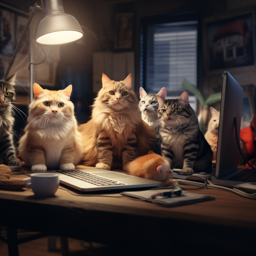 Happy cats in a funny virtual video conference