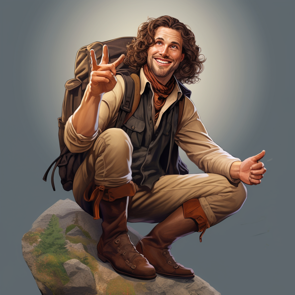 Funny arrogant man adventurer with curly hair