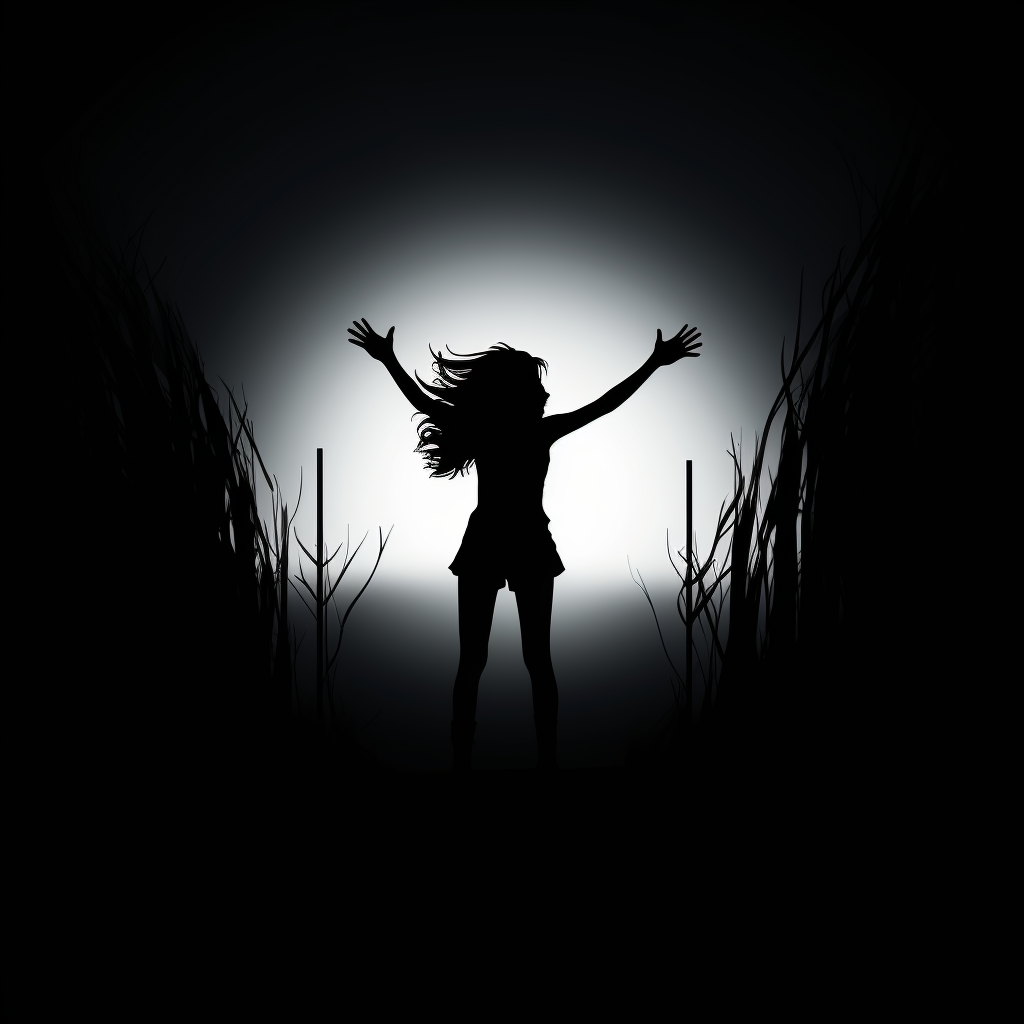 Humorous cartoon woman running through a dark wall