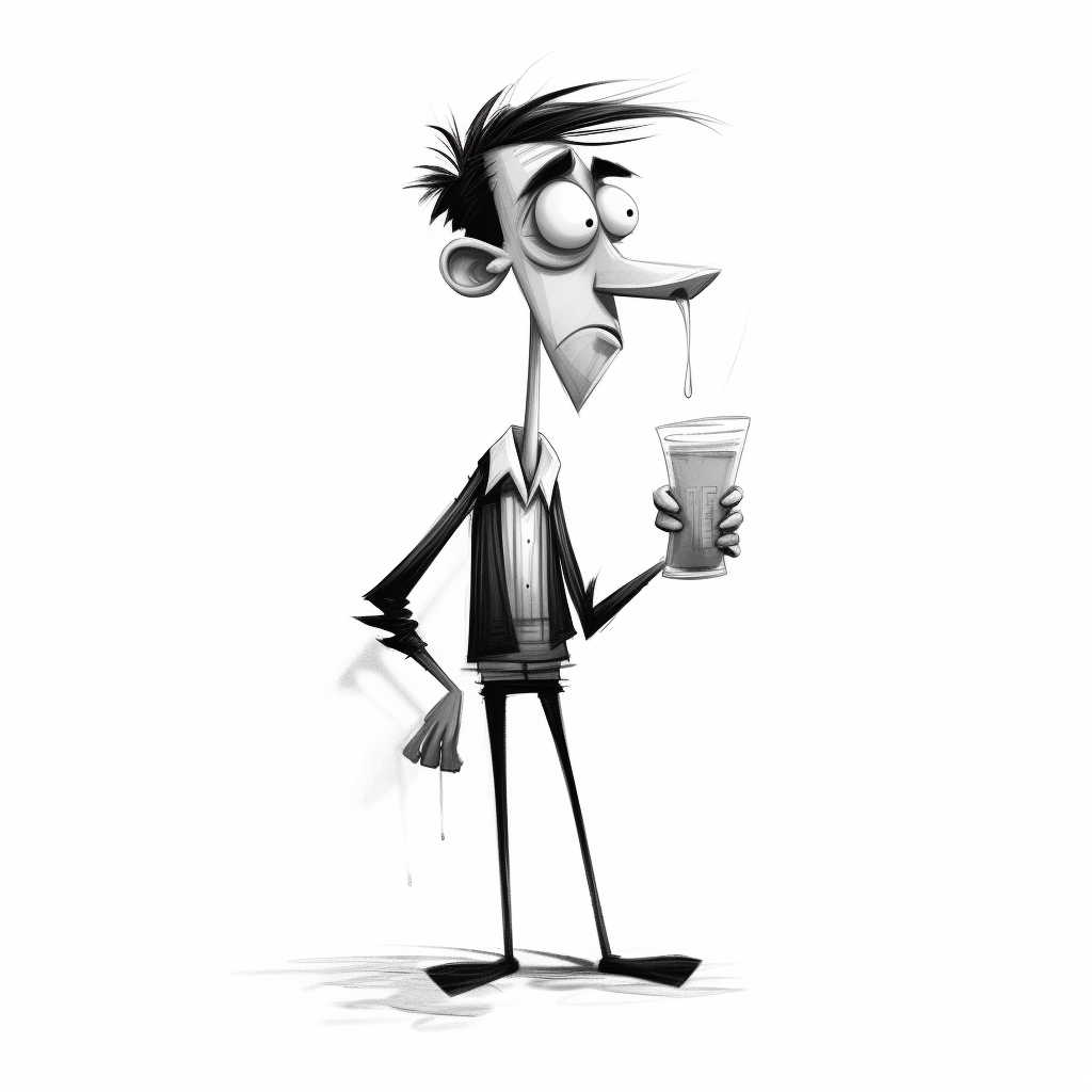 Humorous Cartoon of a Drunk Skinny Man