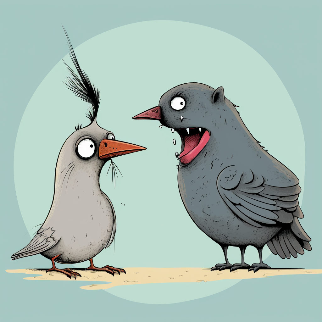 Funny surreal cartoon pigeon and rat