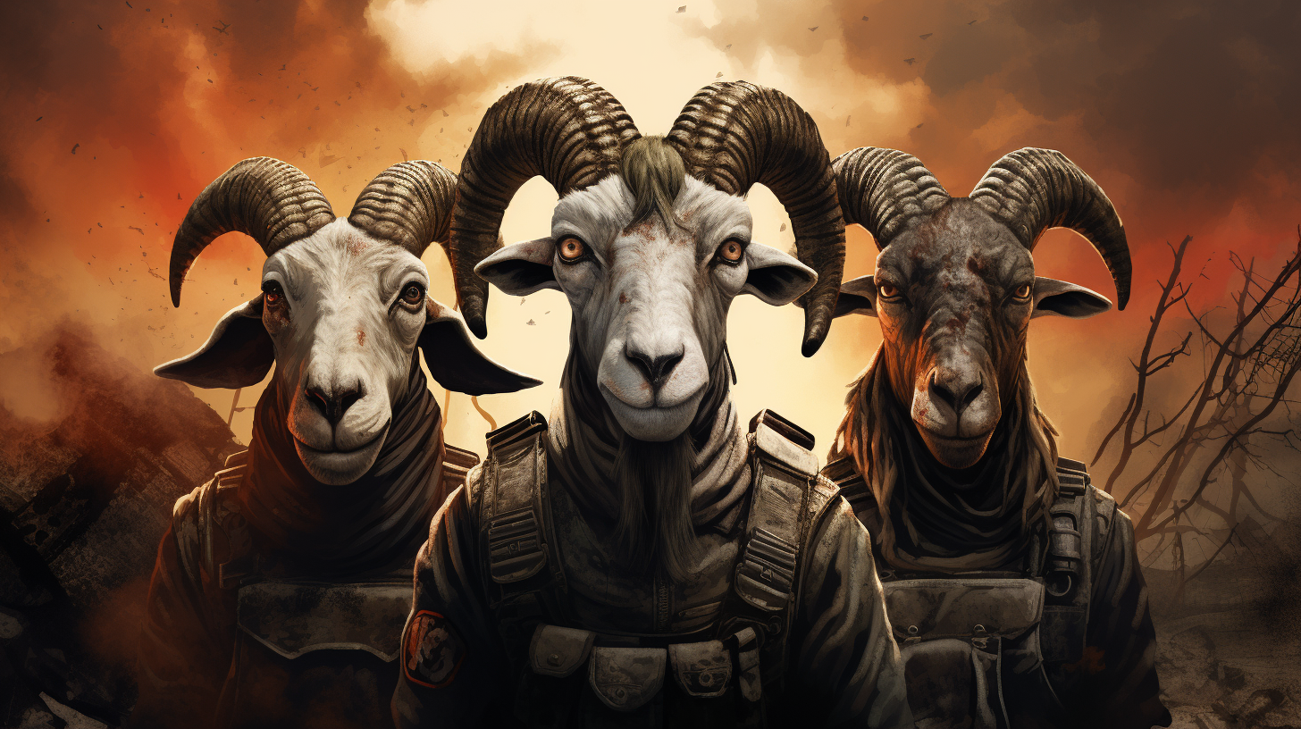 Funny cartoon of tough goat-like men in apocalyptic background