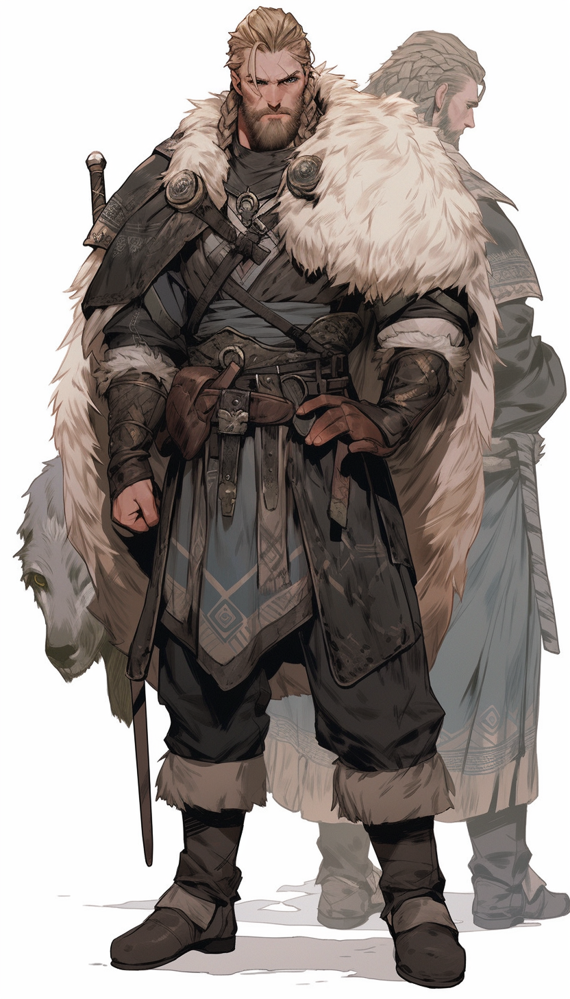 Full body image of a viking warrior wearing fur boots