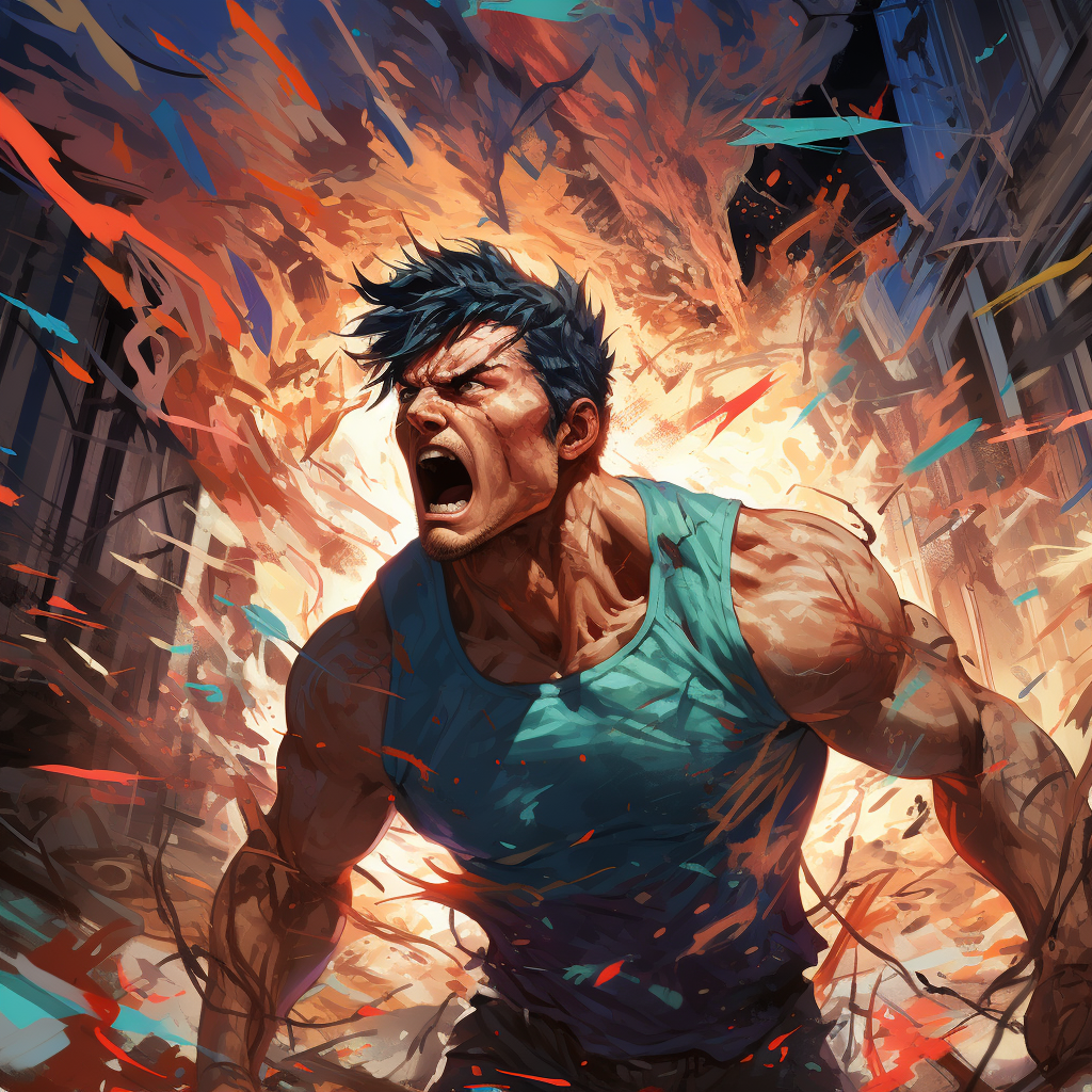 Muscular anime man running in hellish brick backdrop