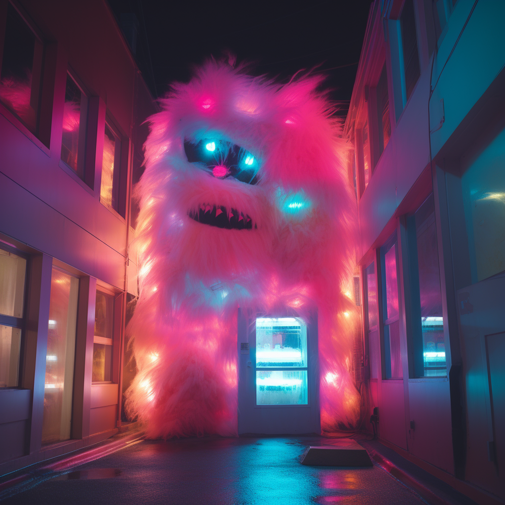 Cute furry monster peeks through buildings