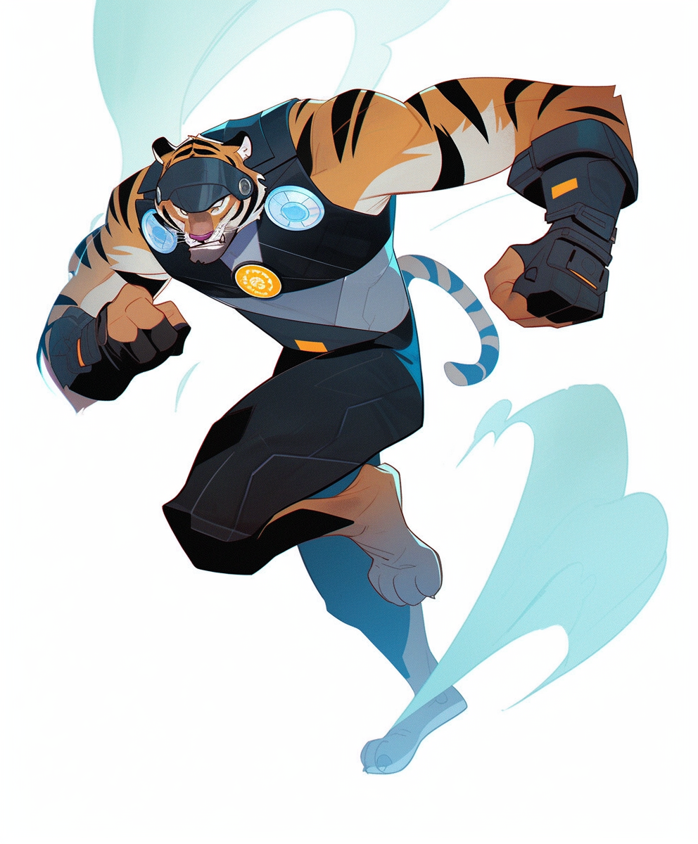 Running male furry tiger superhero with goggles