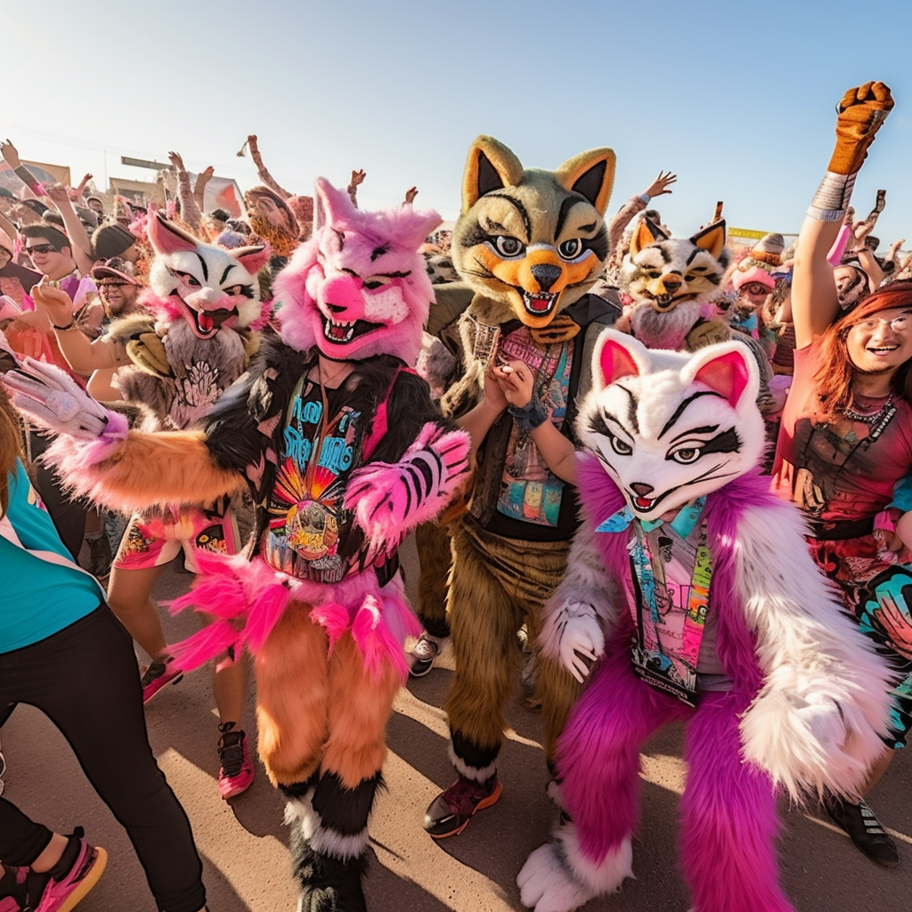 Colorful furry raver festival crowd