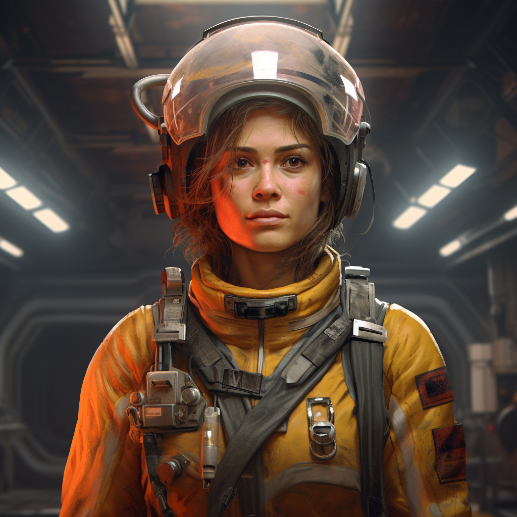 Futuristic female space miner covered in dirt