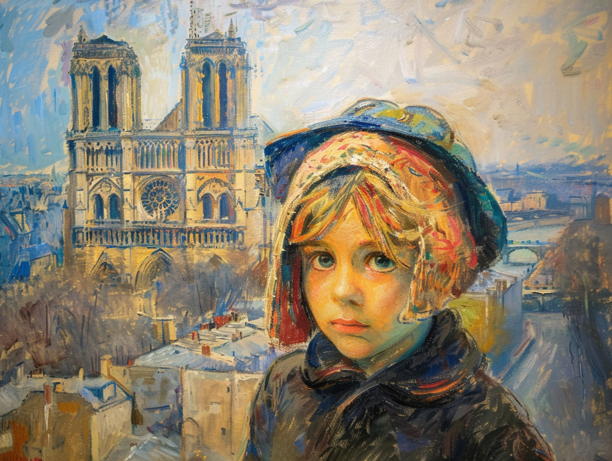 Child in front of cathedral painting