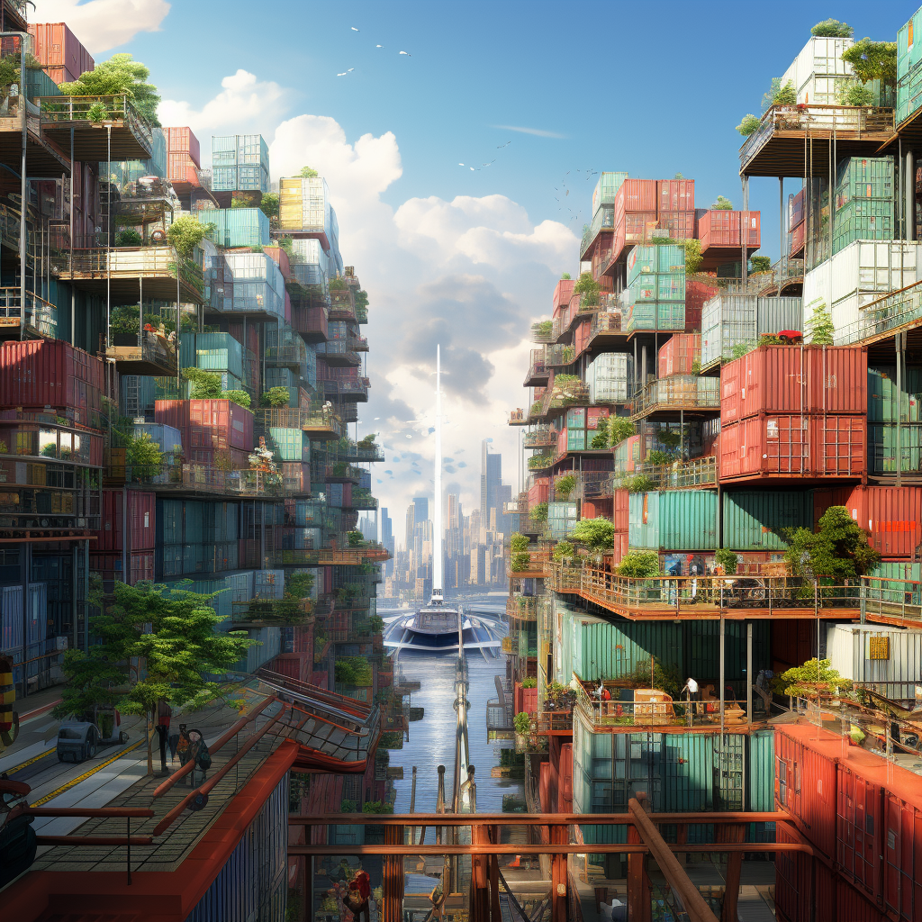 Futuristic city on container ship