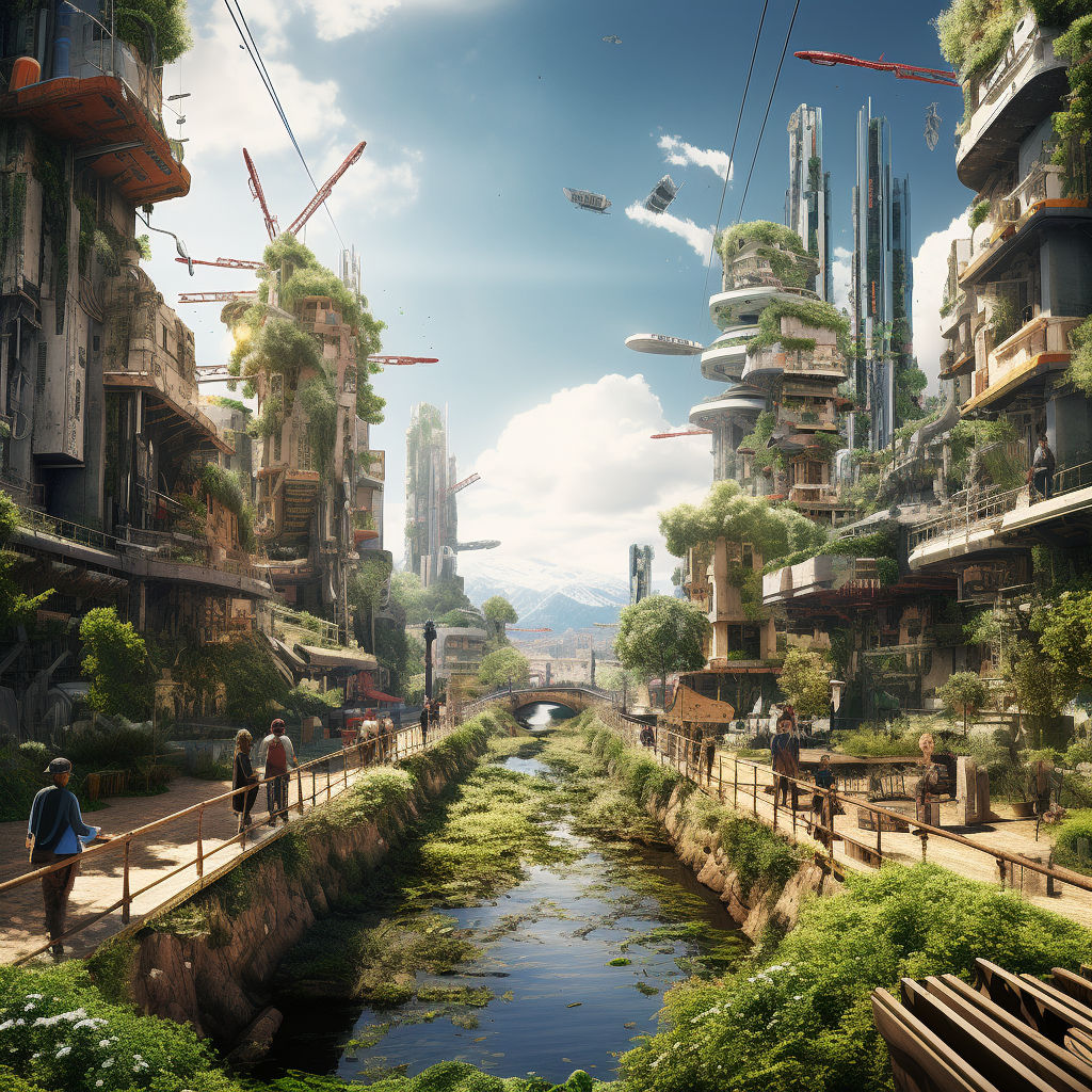 City living in harmony with nature and dystopia