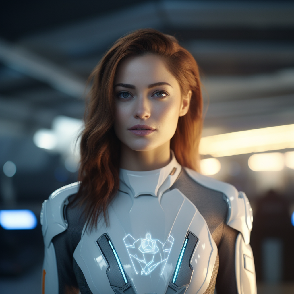 Attractive female cyborg on futuristic spaceship